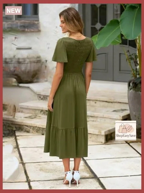 Boho Maxi Dress with Pockets Smocked Waist Flowy Tiered Summer Casual - Picture 6 of 7